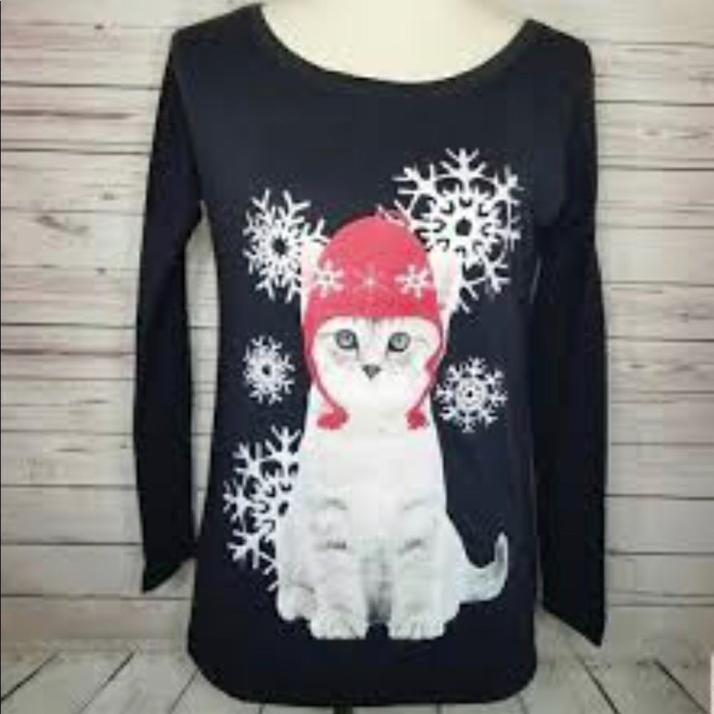 2/$30 FRZ Grey Holiday Kitten Snowflake Graphic Long Sleeve T-Shirt